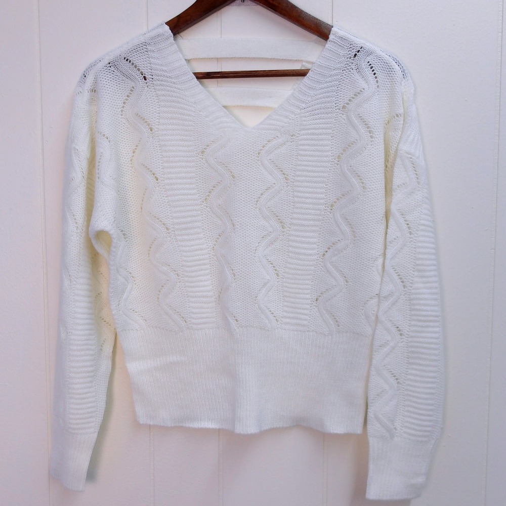 With Love Cream V Neck Sweater Long Sleeve Knit Pullover Top Sz Lg /#8020